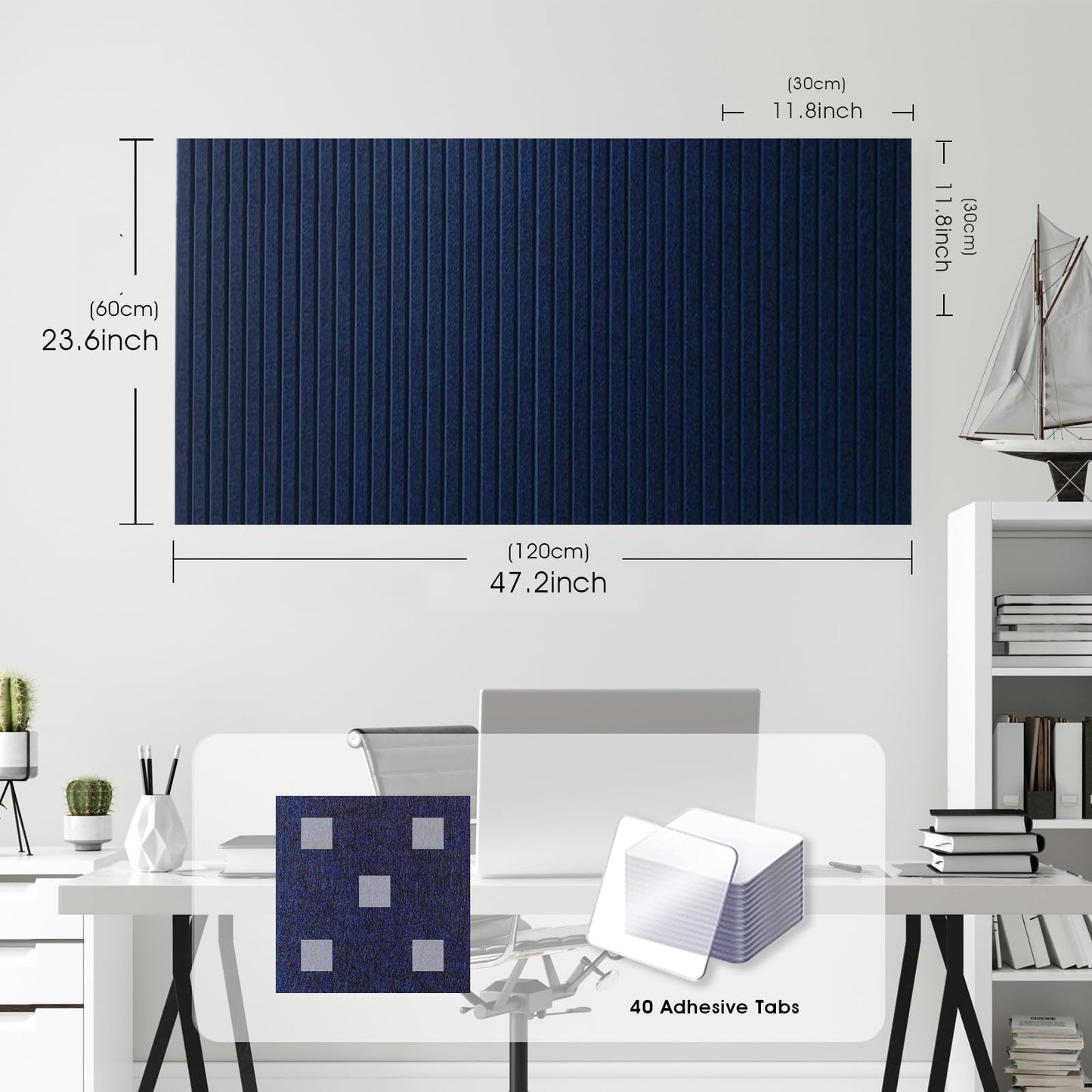 Large Cork Board for Office, 8 Pack Felt Wall Tiles with Slat Wall Paneling and Safe Removable Adhesive Tabs, Felt Bulletin Board Pin Board Cork Boards for Walls - Dark Blue