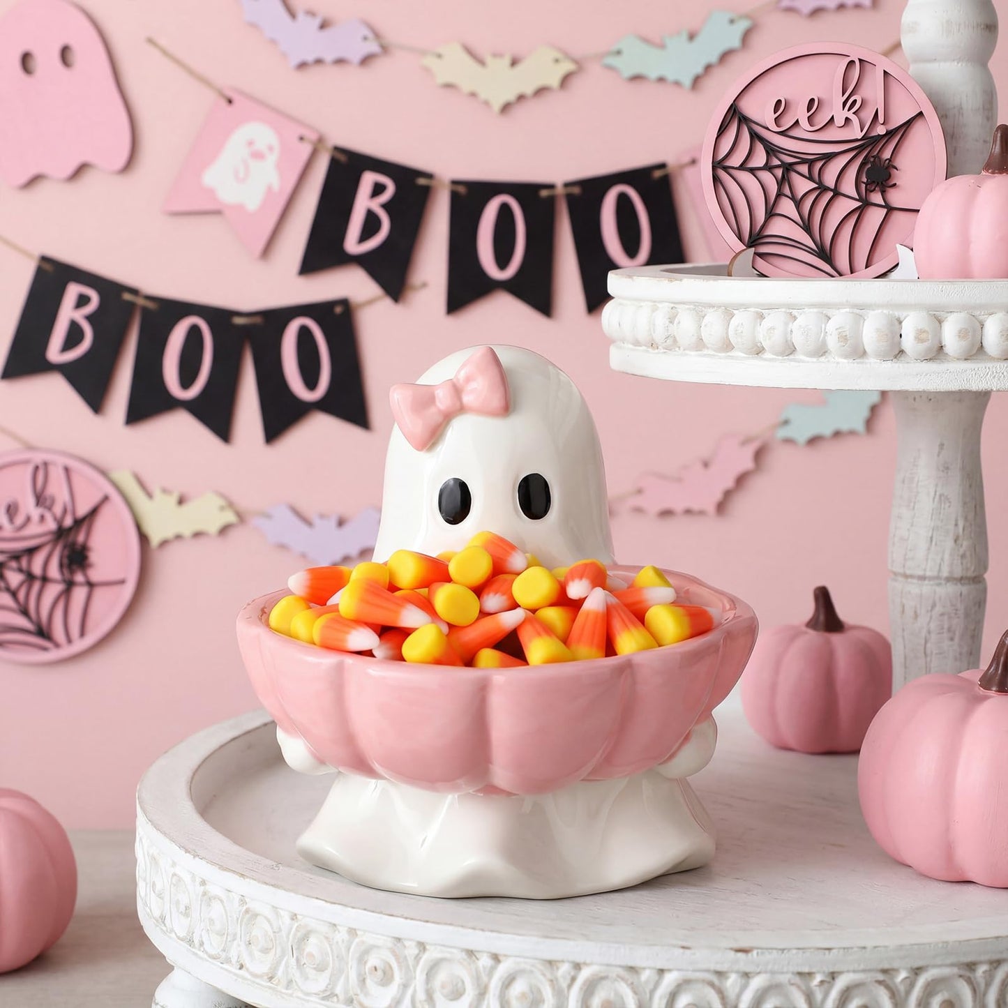 Reallnaive Halloween Candy Bowl Pink Bow Ghost Shaped Ceramic Candy Dish Ghost Serving Tray Cute Halloween Tabletop Decoration Cookie Jar for Party Supply