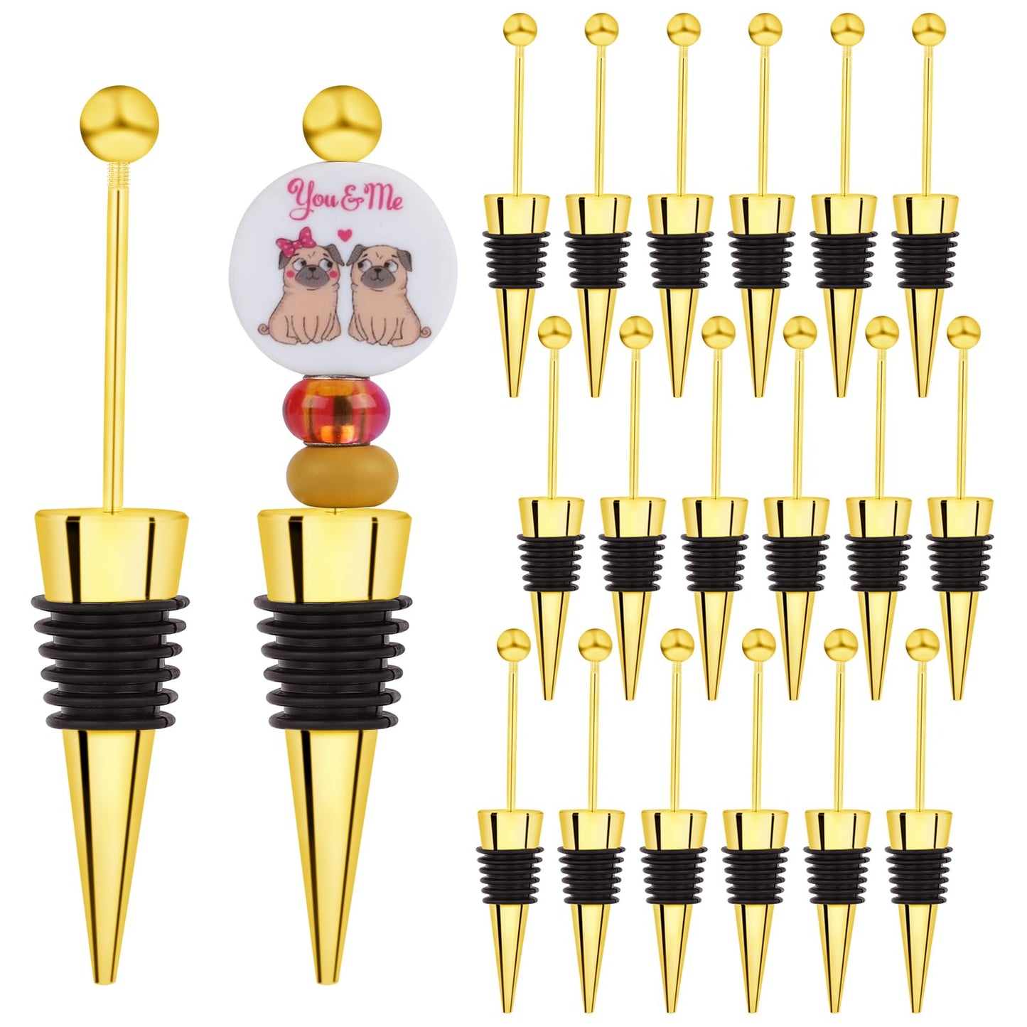 WEWAYSMILE 18 Sets Gold Beadable Wine Stoppers Silicone Wine Stoppers Reusable Alloy Wine Stoppers for DIY Drink Gifts Holiday Party Wedding Bar Accessories(Golden)