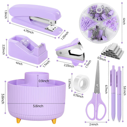 SKYDUE Purple Office Supplies Set, Purple Office Desk Accessories 10PCS, Pencil Holder for Desk, Stapler, Tape Dispenser, Scissors, Ruler, Binder/Paper Clips and 1000pcs Staples,Desk Supplies Set