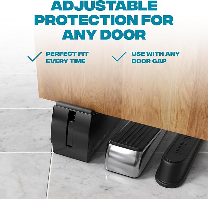 STRONGEST HOME Stoppers for Bottom of Door – Heavy Duty Metal Rubber Door Stopper, Non-Slip Door Stop for Heavy Doors, Works on Wood, Tile & Carpet Floors, Folding Black 2 PC + 2 White Wall Protectors