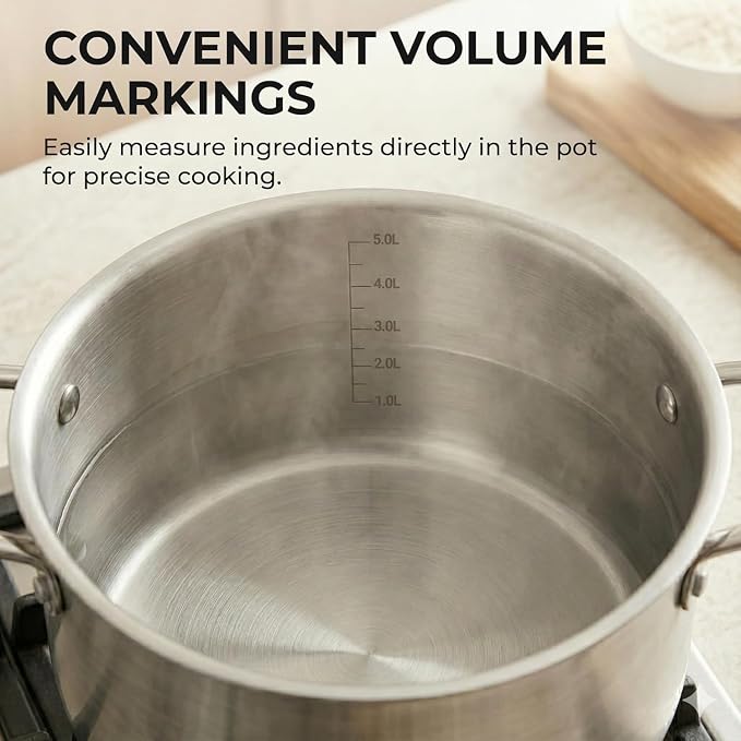 Sunhouse Stock Pot with Lid - 6.5 QT Large Pot for Cooking Pasta, Soup, Spaghetti - Ultra Thick 5-ply Base 18/8 Stainless Steel Pots for Canning, Boiling - Oven Safe & Induction Compatible Cookware