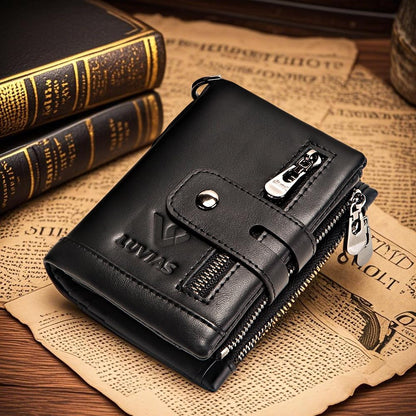 V LUVIAS Anti-Theft Mens Wallet with Chain Genuine Leather ID Window Purse with RFID Blocking Bifold Double Zipper Coin Pocket with Gift Box