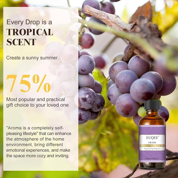 EUQEE Grape Fragrance Oil, Premium Essential Oil 2.02 Fl oz with Glass Dropper for Aromatherapy, DIY Bath Bombs, Candle Soap Making (60ml)