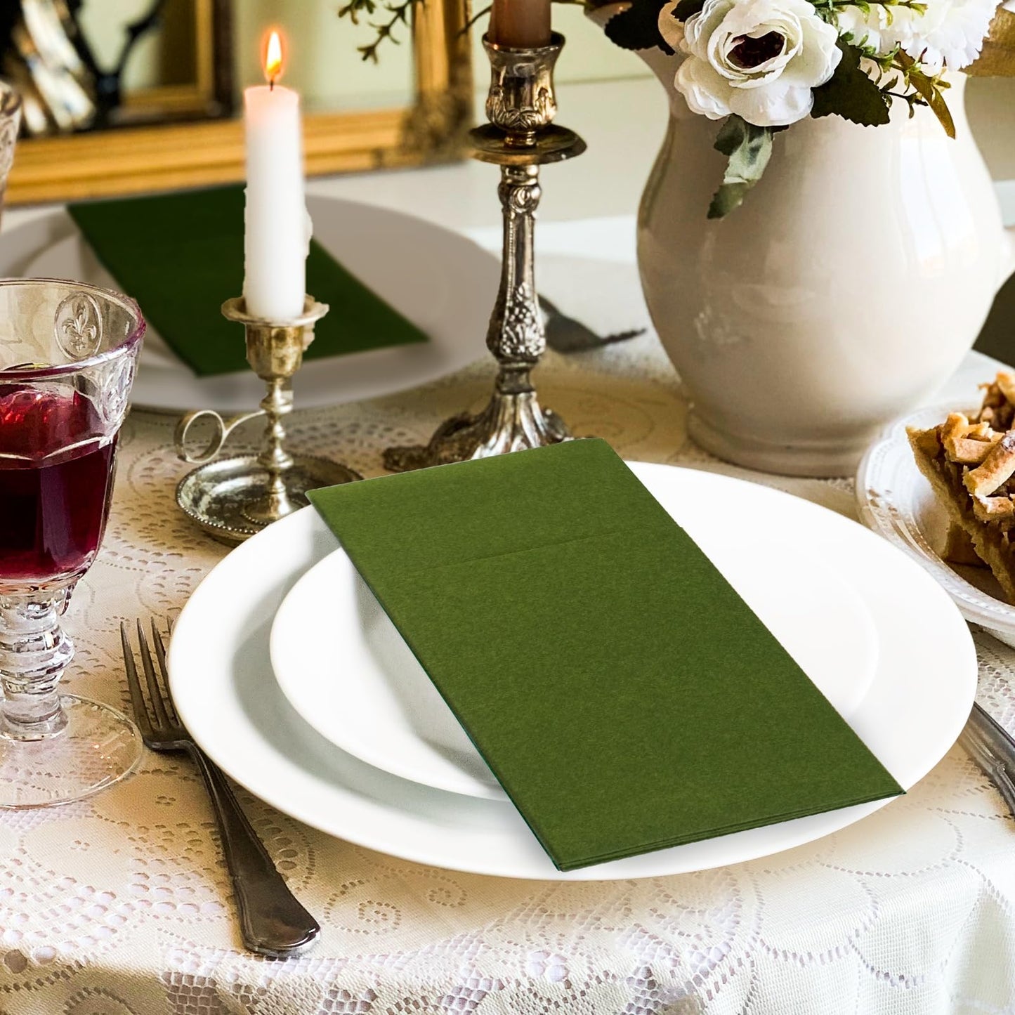 KAMMAK Matcha Green Napkins Disposable with Pocket Cloth Like Dinner Paper Napkins 100 Pack Folded Wedding Reception Napkin Bathroom Guest Hand Towels for Party Decoration (16.5 x 16.5 inch)