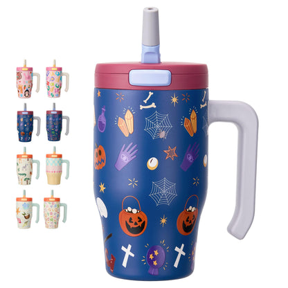 Fijinhom 18 oz Toddler Tumbler with Handle, Stainless Steel Insulated Water Bottle Coffee Mug with Straw, Toddler Cups, Kids Water Bottle for School, Sports, Travel, Ghostly Cuties