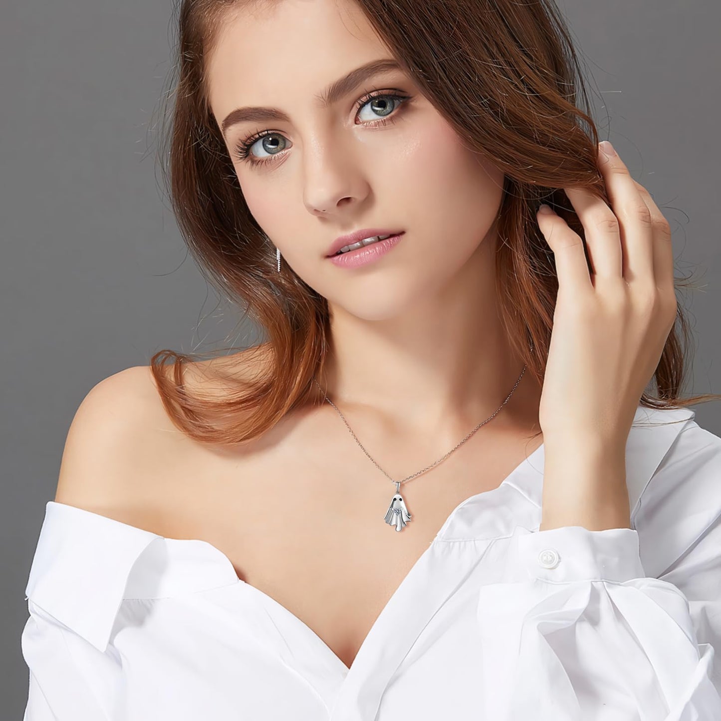 Halloween Ghost Necklace for Women S925 Sterling Silver Spooky Ghost Pendant With Heart Cz for Women Halloween Jewelry Gift