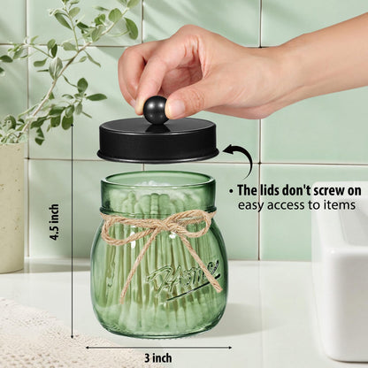 SheeChung Green Glass Qtip Holder Dispenser, Mason Jar Apothecary Jars with Lids, Bathroom Organizers and Storage, Vanity Countertop Canisters Set for Cotton Swab, Ball, Pad, Floss Pick-Black, 3 Pack