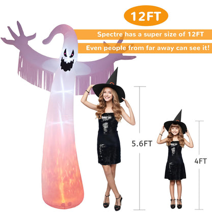 12FT Halloween Inflatables Outdoor Decorations: Inflatable Ghost with Fire Flame and Blinking Red Eyes, Blow up Decor for Yard Garden Lawn Home Holiday Party