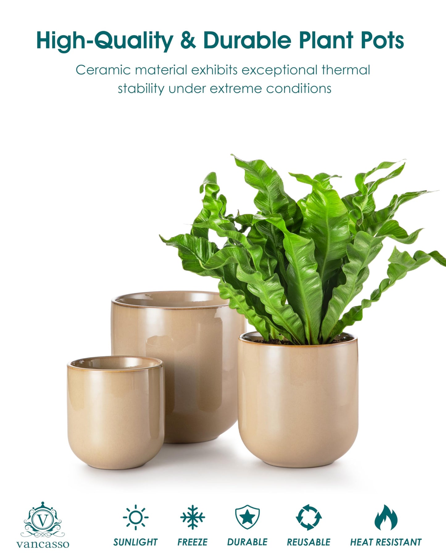 vancasso Ceramic Plant Pots, 4+5+6 inches, Set of 3, Planters with Drainage Hole, Flower Pots Planters Pots for Indoor Plants, Modern Indoor Decorative Garden Pot, Home Decor, Brown