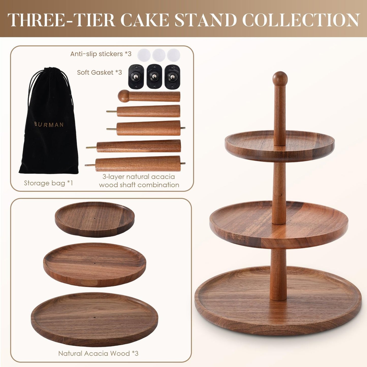 BURMAN Cupcake Stand Dessert Table Display Set – 2 in 1 Adjustable Height Rustic Natural Acacia Cupcake Holder Round Wood Tray – Three Tiered Serving Stand with Rotating Wheels, Anti Slip Stickers