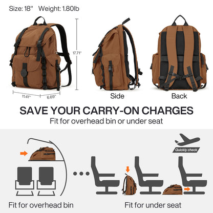 mixi Travel Backpack for Women Men, 18 Inch Carry On Laptop Backpack Flight Approved fits 16'' Laptop, Lightweight Waterproof Hiking Backpack Travel Outdoor Business Casual Daypack, Brown