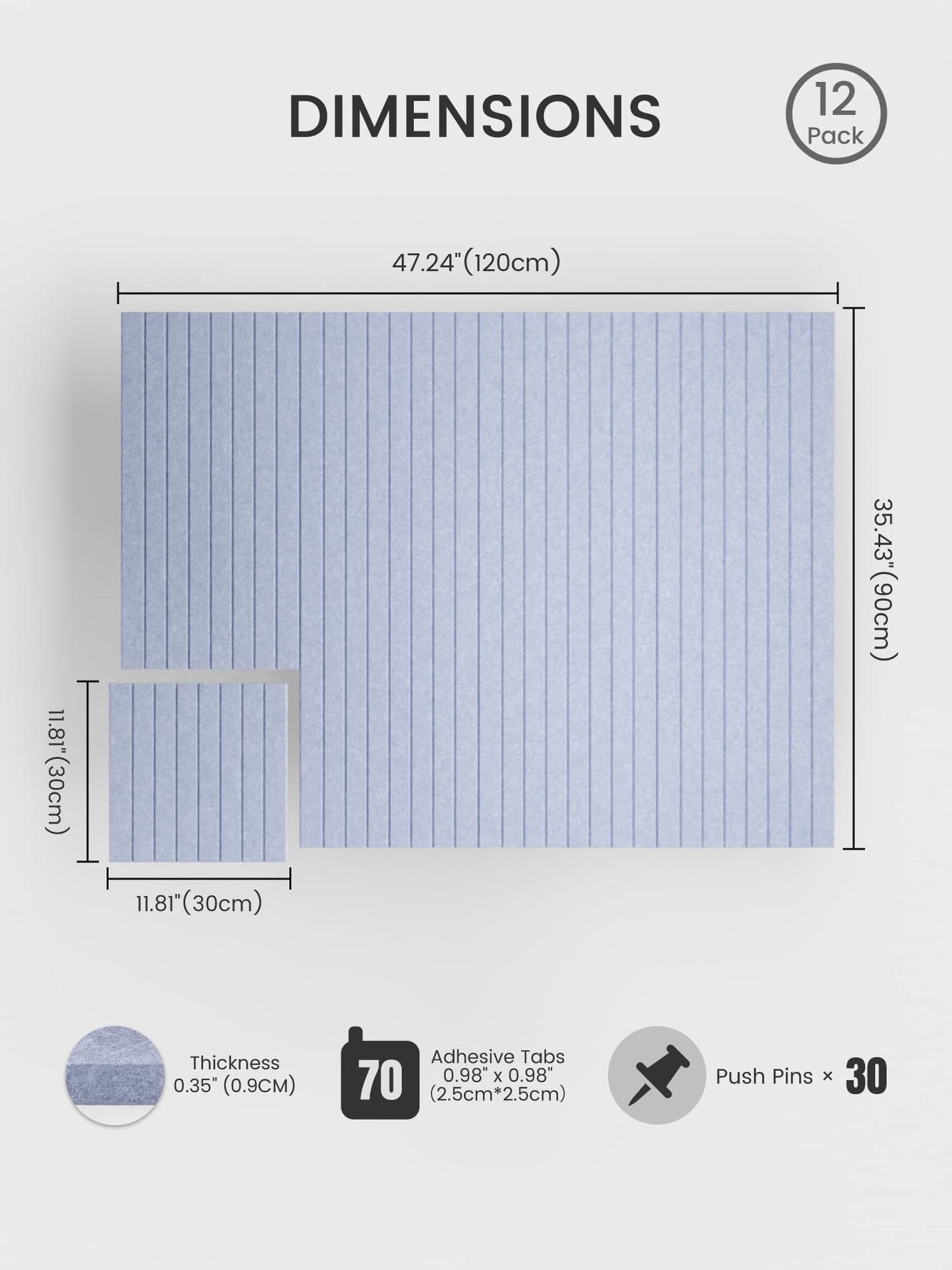 Bumusty Large Cork Board Alternative-48 x 36" Felt Bulletin Board Tiles, with 30 Pushpins, 70 Adhesive Tabs, Fine-Stripe 12-Pack, Cork Boards for Office Push Pin Board-Soft Periwinkle