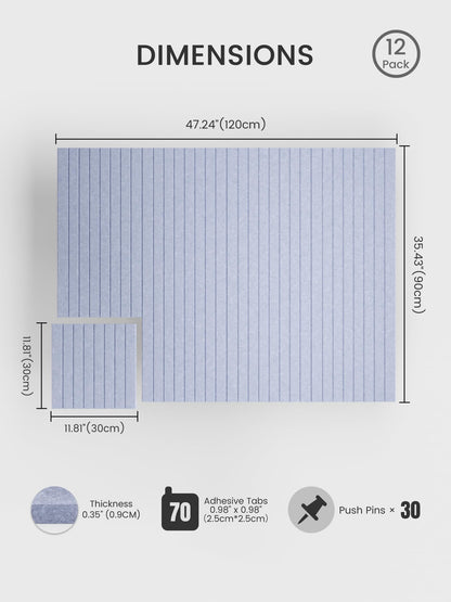 Bumusty Large Cork Board Alternative-48 x 36" Felt Bulletin Board Tiles, with 30 Pushpins, 70 Adhesive Tabs, Fine-Stripe 12-Pack, Cork Boards for Office Push Pin Board-Soft Periwinkle