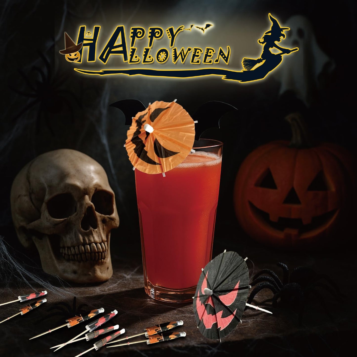 140 Pcs Halloween Pumpkin Cocktail Drink Umbrella Picks, 4 Inch Spooky Paper Toothpicks with Pumpkins Cocktail Umbrellas Fruit Dessert Cupcake Topper Sticks for Halloween Party Decorations (Black)