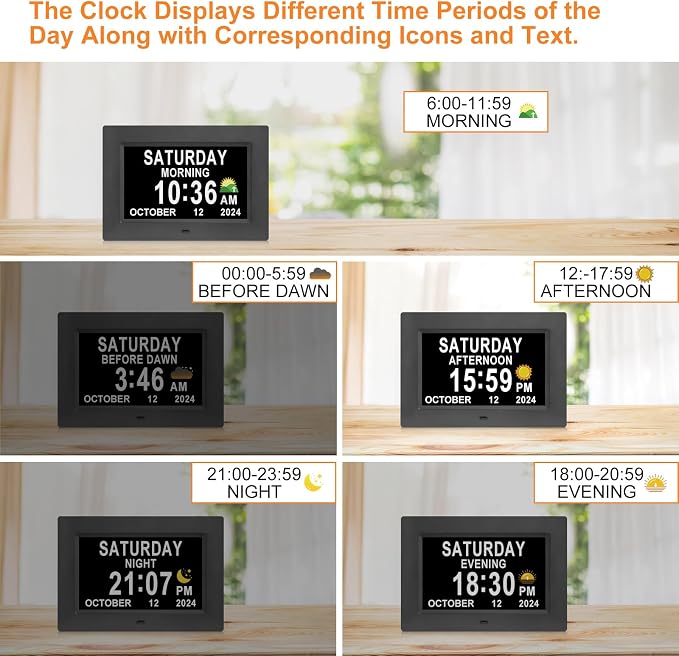 SSINI Digital Calendar Dementia Alarm Clock with Day and Date for Elderly - 15 Alarms 5 Colors Display Large Display Alzheimers Clock Large Digital Clock for Seniors (7in Black)