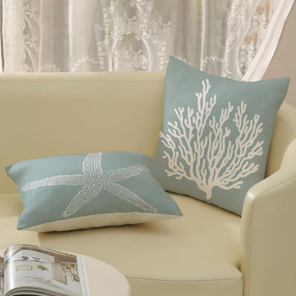 GOLIANDA Coastal Pillow Covers 18x18 Inch Set of 2 Blue Coral Starfish Throw Pillows Nautical Ocean Decorations Summer Linen Beach Pillowcase Outdoor Decor Farmhouse Cushion Case for Home Living Room