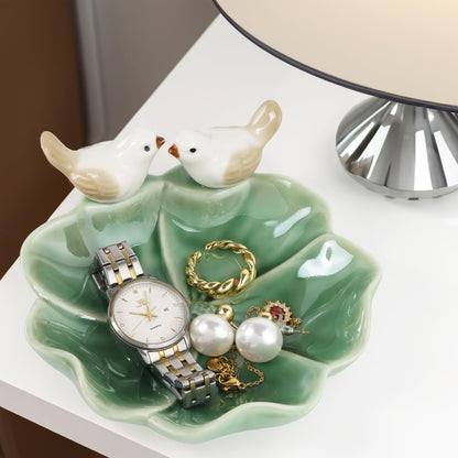 Fordonral Ceramic Jewelry Tray Trinket Dish Decorative Cute Bird & Lotus Leaf Ring Holder Dish Aesthetic Room Vanity Decor (Green)