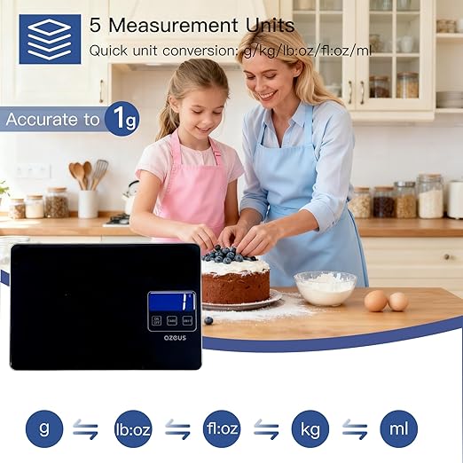 Food Scale with USB Rechargeable, Digital Kitchen Scale with 6 Units, High Precision to 0.04 oz /11lbs Capacity, Weight Range from 3g-5000g (Black)