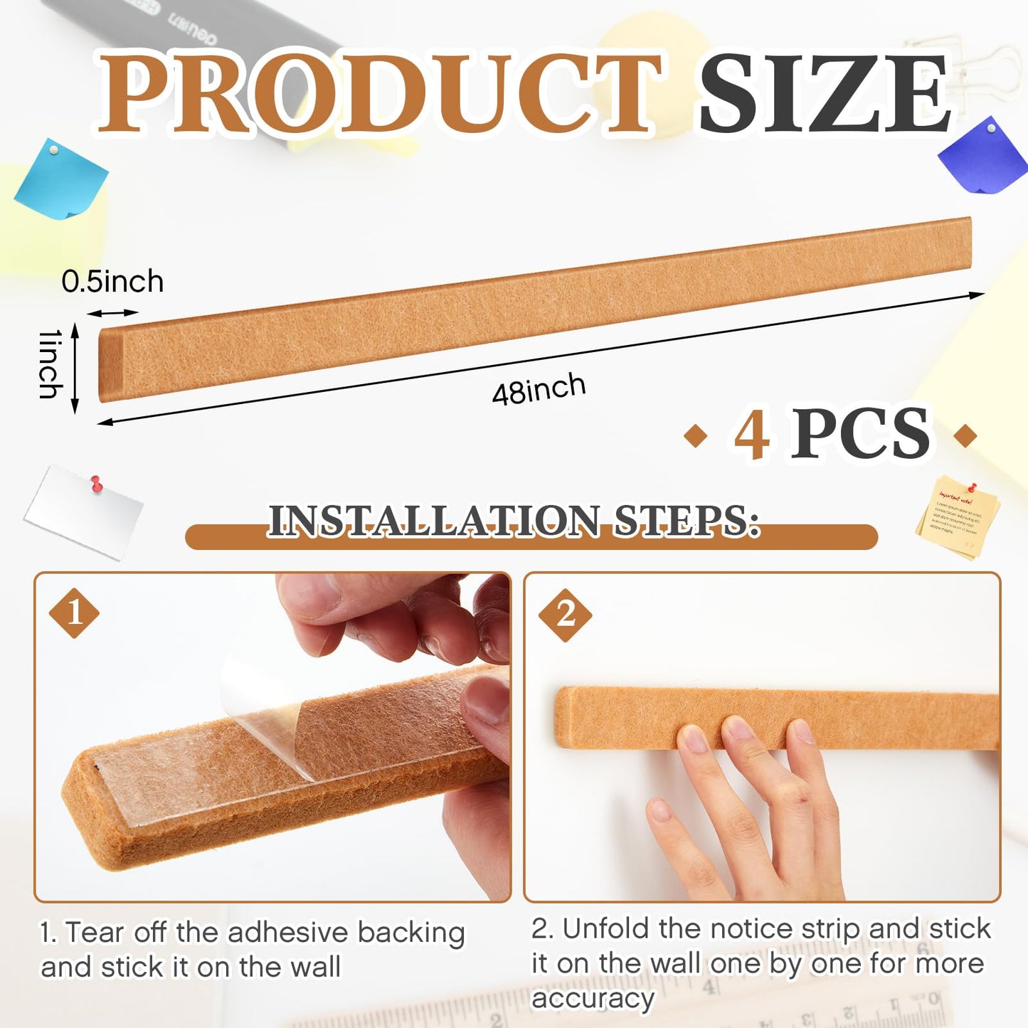 Mooliwe 4 Pcs 48" x 1" Foldable Felt Cork Strips Bulletin Bar Strip for Wall,Notice Board Self Adhesive Cork Wall Decoration,Paste Note,Photo,Schedules,Office Home Decor