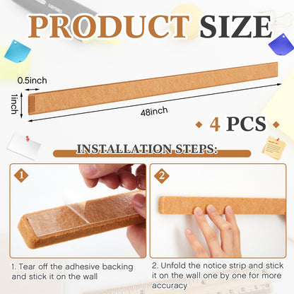 Mooliwe 4 Pcs 48" x 1" Foldable Felt Cork Strips Bulletin Bar Strip for Wall,Notice Board Self Adhesive Cork Wall Decoration,Paste Note,Photo,Schedules,Office Home Decor