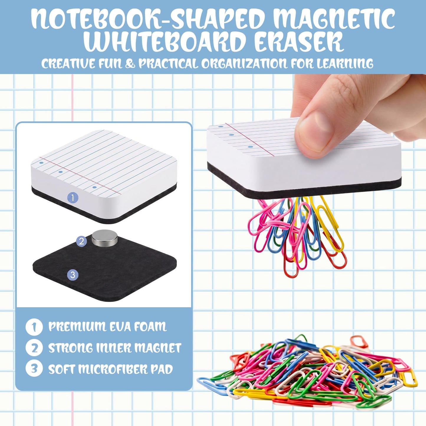 YooNotee 48 Pack Lined Exercise Book Magnetic Dry Erase Erasers 2x2 Inch, Mini Whiteboard Dry Erasers Back to School Supplies Chalkboard Cleaning Pads for Classroom Office Kindergarten Decor