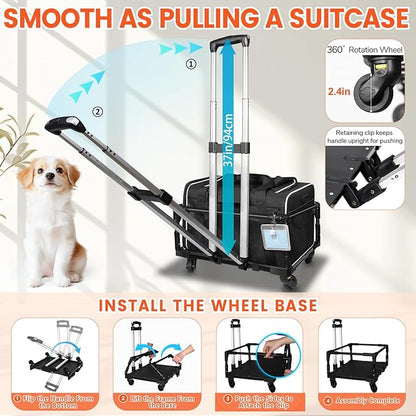 Petskd Small Pet Carrier with Wheels (17" L x 12" W x 8.5" H), JetBlue/Allegiant/Spirit Airlines Approved, Rolling Pet Carrier for Small Dogs & Cats (Black)