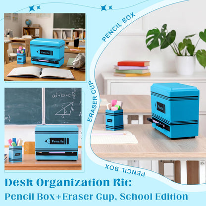 Gueevin 2pcs Pencil Dispenser for Classroom, Fun Desk Organizer with Eraser Holder, Interactive Pencil Storage for Teachers, Students & Homeschool Desk Organizer, Back to School Supplies(Blue)