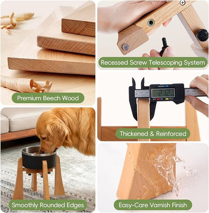 Elevated Bowl Stand 10-inch with Heavy Duty Beech Wood Made, Anti-Vomit Design for Medium Breed, Senior Dogs, Ergonomic Neck Protecting, Adjustable Diameter, Easy Clean Non Toxic