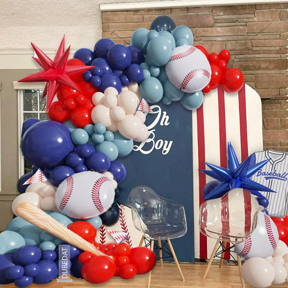 Baseball Balloon Garland Arch Kit,141pcs Red White Deep blue Twilight blue with 3D Baseball bat Star Balloons for Party Supplies