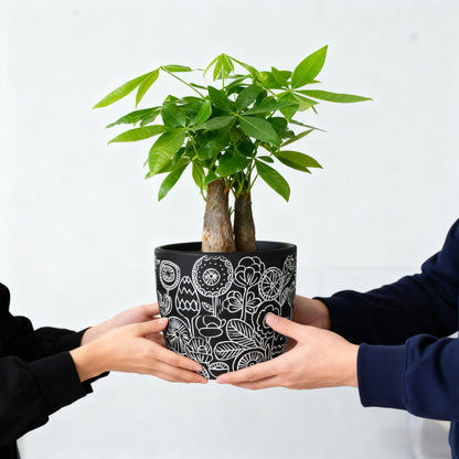 FUYHE Terracotta Pots, 6.5+5+4.4 Inch Plant Pots with Drainage Hole- Floral Pattern, Black Boho Ceramic Planters for Indoor Plants, Flower Pots Indoor Succulents, Herbs Plants,Set of 3