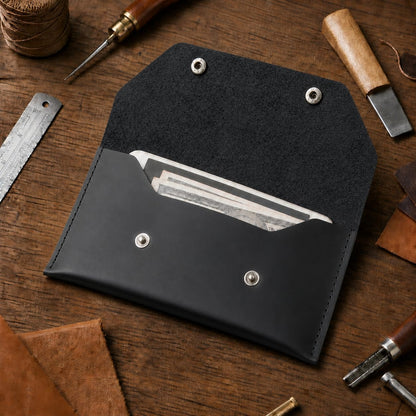 ZEMARS Genuine Leather Cash Envelope Wallet, Two Snap Money Pouch for Men and Women, Reusable Budget Envelope Wallet, Slim Organizer for Cash, Cards, Receipts, Checks and Keys (Black)