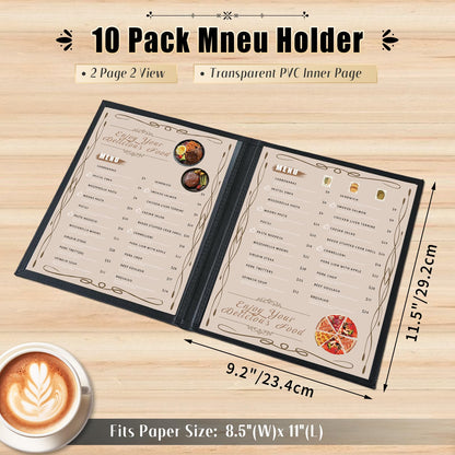 FLKQC Restaurant Menu Covers Holders 8.5" x 11" | Pack of 10 Synthetic Leather Double Fold Panels 2 View with PVC Cover for Wine List, Drinks (10, Double Fold Panels 2 View (8.5 x 11 inch))