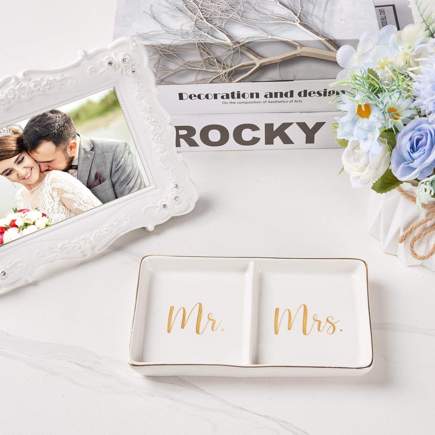Spegiffu Mr. & Mrs. Ring Dish Engagement Wedding Ring Holder Gift for Future Mrs. / Newlywed - Her Engagement Wedding Gifts for Newly Engaged Couples Bridal Shower Gifts for Bride to be