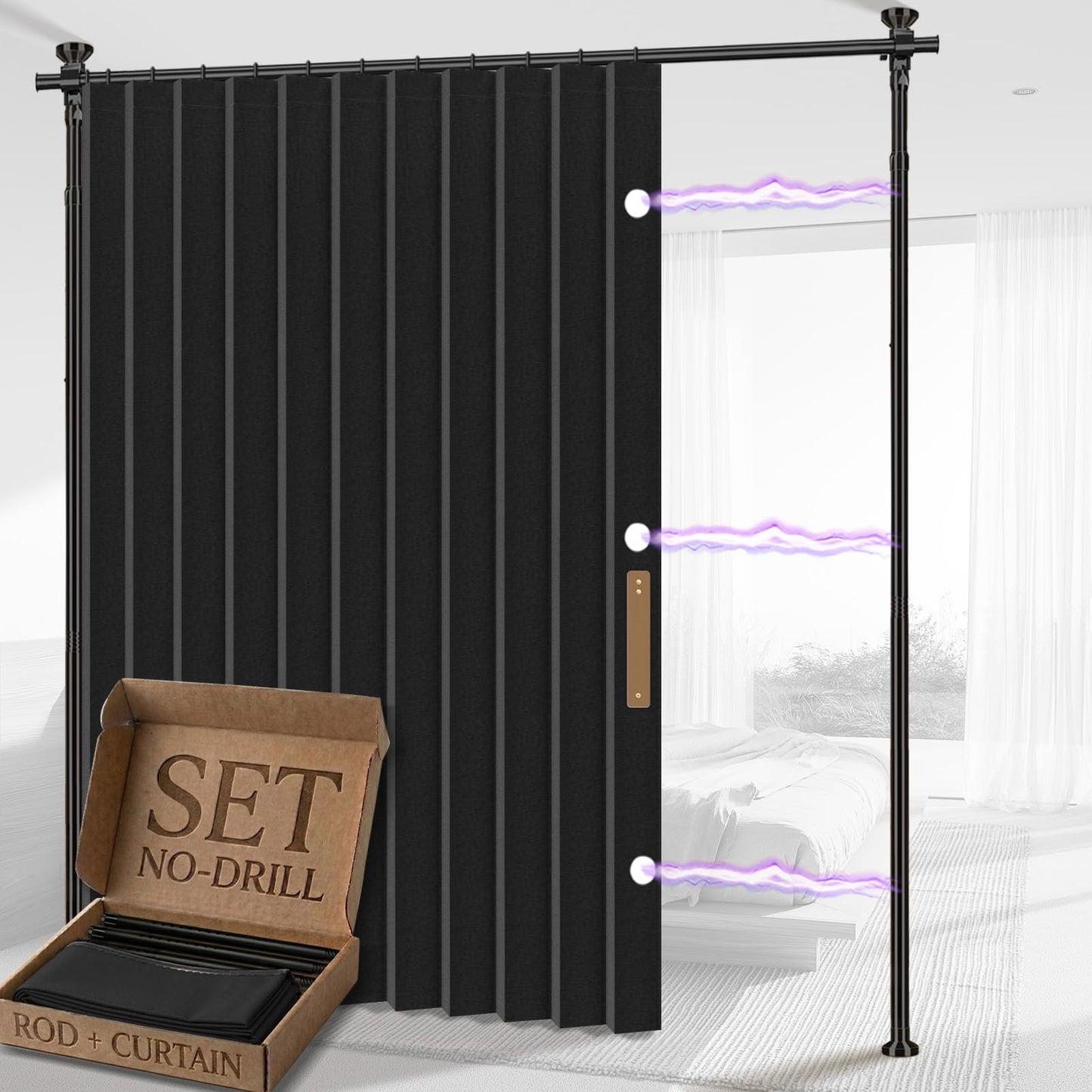 AJAZZ Room Divider Curtain (Black, W100 x L84 in, 1 Panel)+ Tension Curtain Rod No Drilling (H) 43-120×(W) 35-100 in, for Privacy/Soundproof Curtains, Heavy Duty Wall Separator