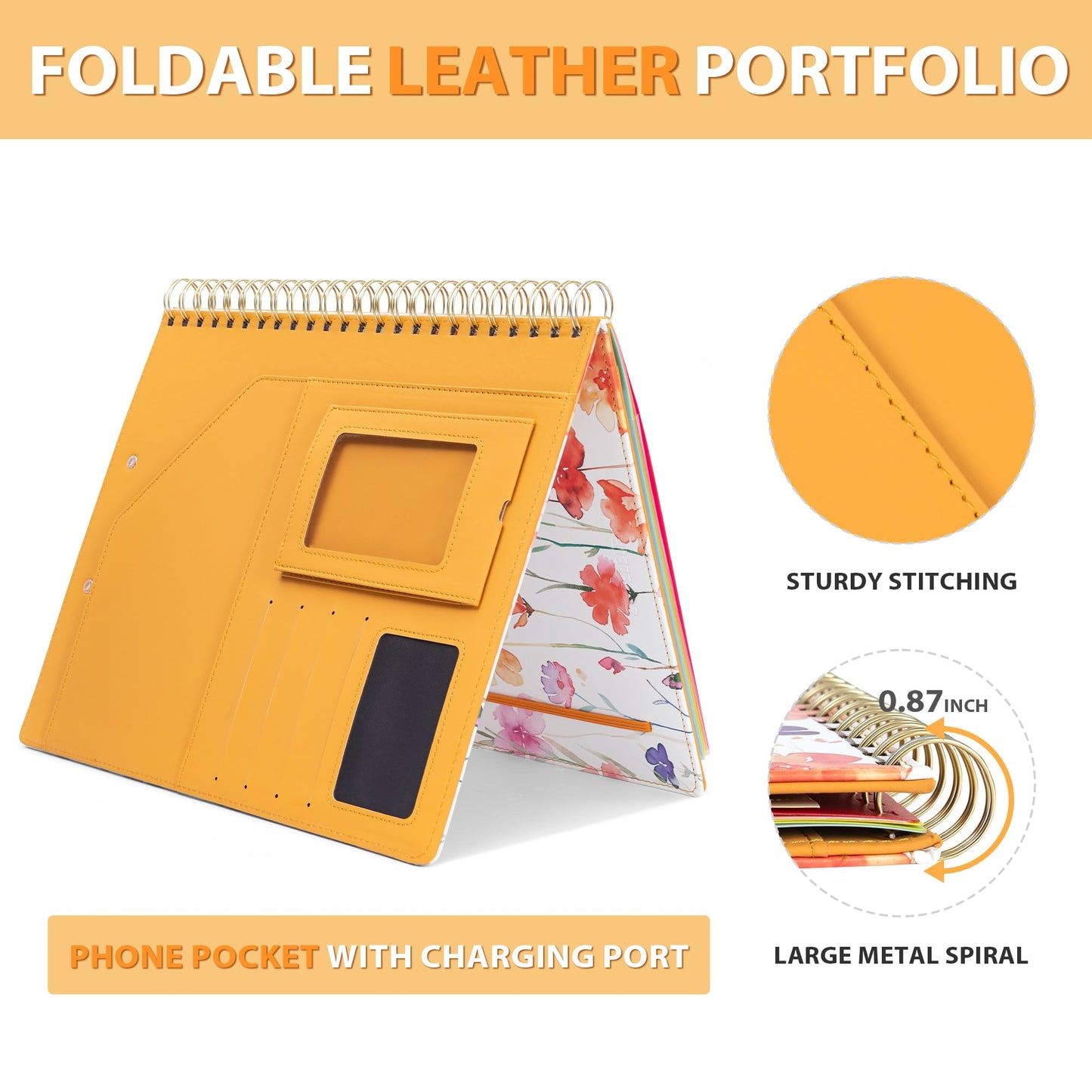 Ospelelf Clipboard with Storage for Women, Leather Padfolio Portfolio Organizer 5 Folders with 10 Pockets, Spiral Clipboard Folio with Notepad for Letter Size, Elastic Closure and Pen Loop Flowers