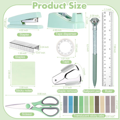 Marspark 12 Pcs Sage Green Office Supplies Desk Accessories Set Pen Holder Tape Dispenser Stapler Staple Remover Staples Tape Ruler Scissor Pen Sticky Note Index Tab Clips Set for Office School Home