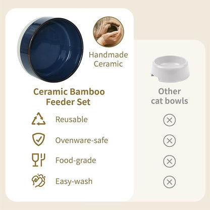 Elevated Ceramic Cat and Dog Double Bowl Set - 14 oz Lead-Free Feeder with Two Natural Bamboo Wood Stands (Blue)