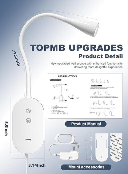 Wall Reading Light for Bed, Book Light with CRI 95+ for Eye Care, 4 Color Modes, 5 Dimmable, 2A USB Output, Memory Function, 4-Hour Auto Off, 360° Swivel Head Bed Headboard Reading Lamp White