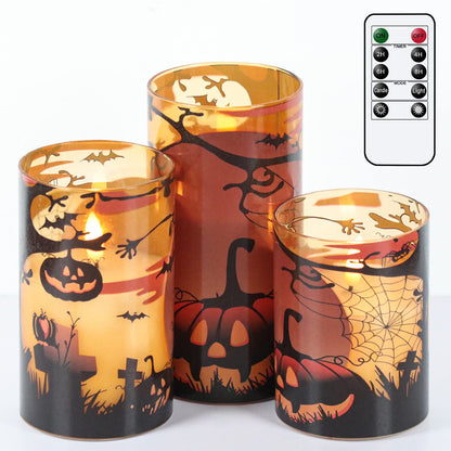 Eldnacele Halloween Flameless Candles with Remote Pumpkin, Spider Web Decal and Castle Decals Battery Operated Real Wax Flickering Glass Pillar Candle for Spooky Halloween Decor 3 Pack