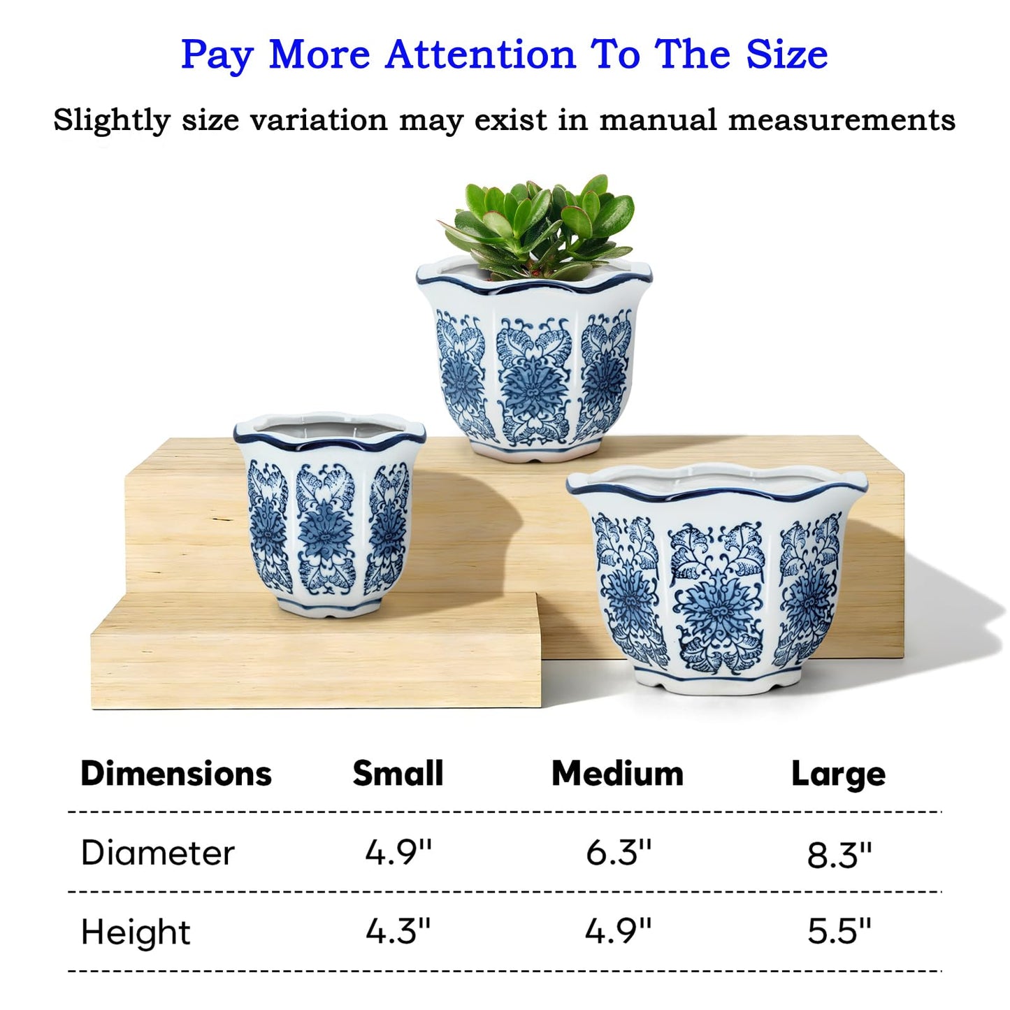 HakkaGirl Ceramic Pots for Plants, Chinoiserie Décor Ceramic Flower Pots Planters for Indoor Plants with Drainage, Blue and White, Set of 3
