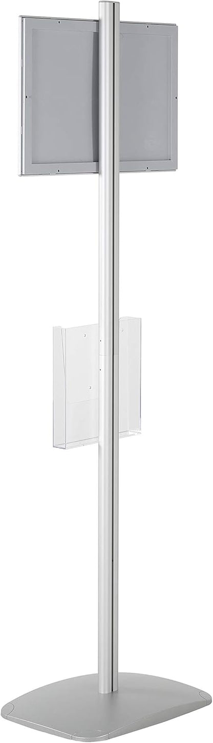 M&T Displays Free Standing Aluminum Display Stand Single Sided Document Brochure Sign Holder Front Loading Portrait Landscape Silver Snap Frame 1x(11x17) and Clear Acrylic Pocket 1x(8.5x11) Inch