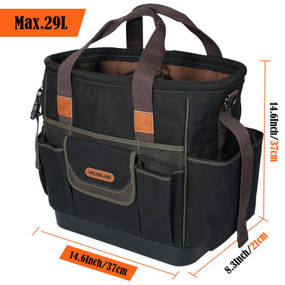WELKINLAND 50-Pocket Electrician Tool Tote, Large Hard Bottom Tool Bag, Waxed-Canvas Tool Tote For Electrician, Heavy-Duty HVAC Service Bag, Easy-Access Open Top Tool Bag, Stay-Up Technician Tools Bag