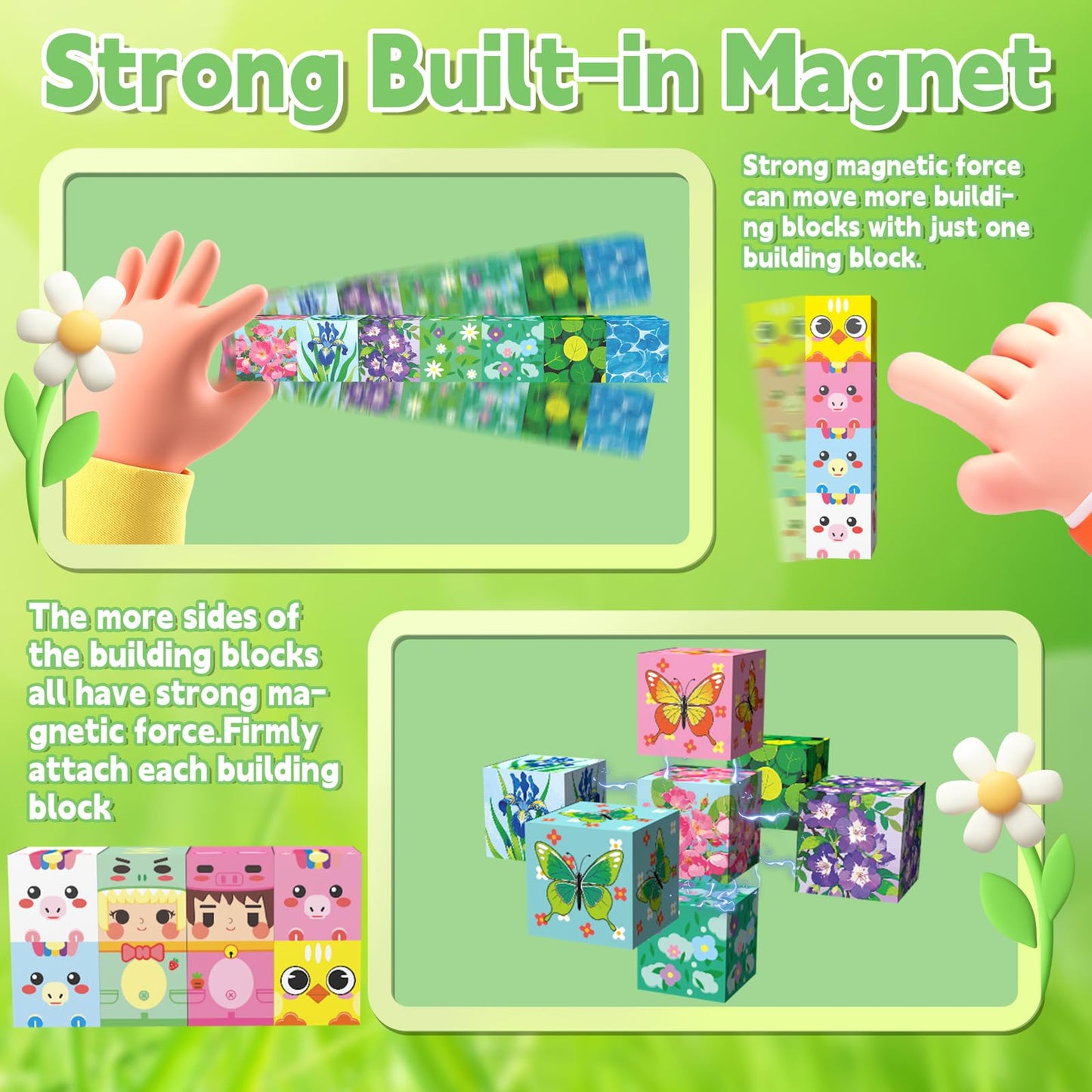 Gryxpox 200 PCS 0.8in Magnetic Blocks,Magnetic Building Cubes, Build Flower World Set,Stacking Magnets, STEM Sensory Toys for Ages 3+ Toddlers Kids Girl Boys Easter Birthday Gifts