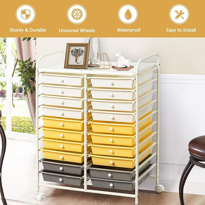 Giantex 20 Drawer Rolling Storage Cart Tools Scrapbook Paper Office School Organizer (25 x 15 x 35 Inch, Yellow)