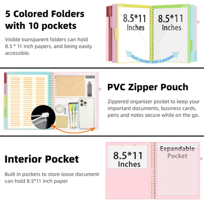 Ospelelf Leather Clipboard Folio with Notepad for Letter Size, Spiral Clipboard Folder with Storage Zipper Pouch, 5 Folders with 10 Pockets, 39 Divider Label Stickers, Pen Loop Series (Pink)