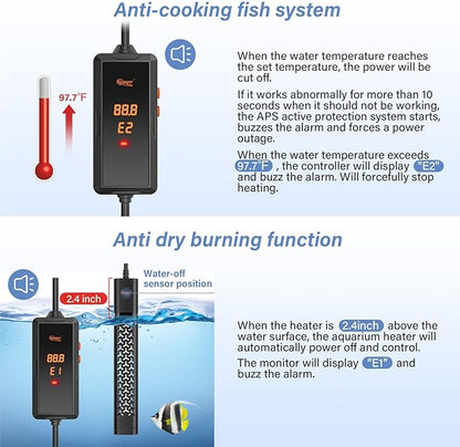 hygger 200w Aquarium Heater, Submersible Fish Tank Heater with Intelligent Temperature Control and Leaving Water Automatically Stop Heating System, for 20-40 Gallon Tanks