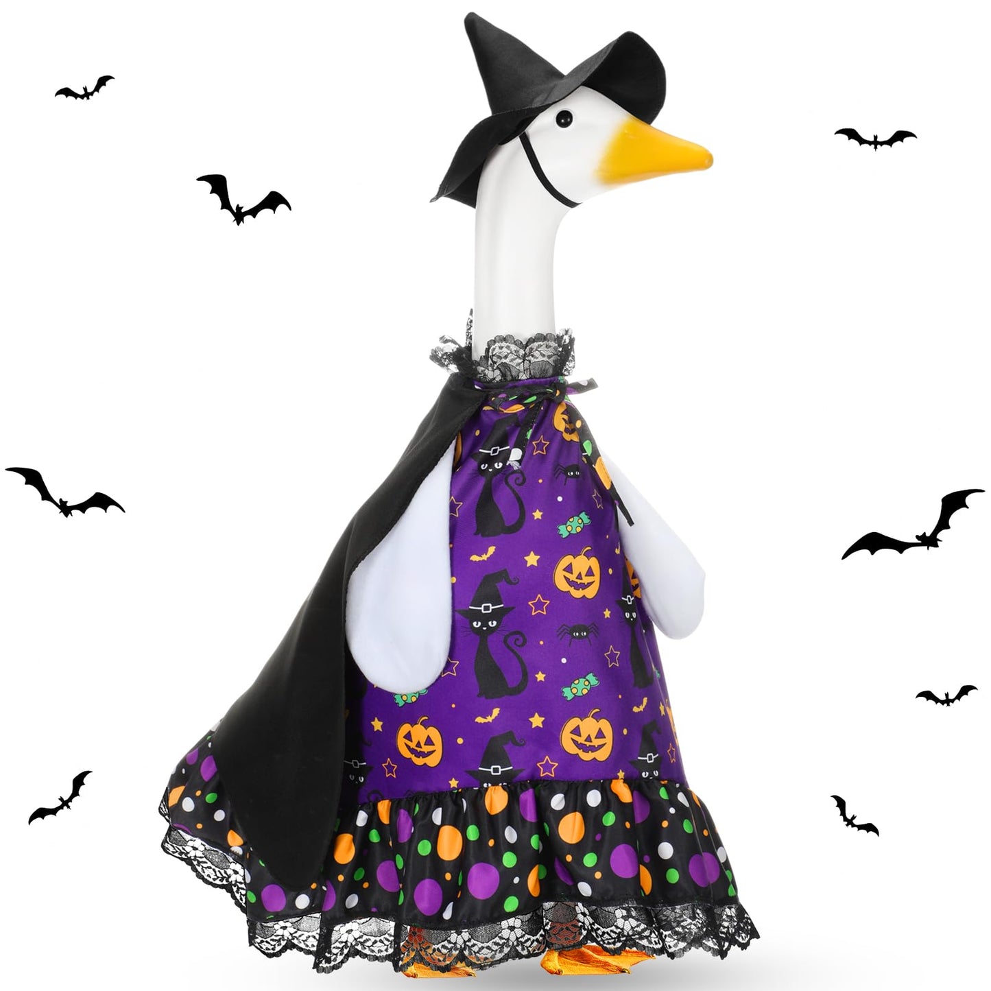 Shyyween Halloween Porch Goose Outfit Set for 23'' Plastic Lawn Goose Statue Clothes Witch Skirt Halloween Costume for Outdoor Patio Yard Lawn Art Decor