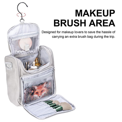 BOOMRICH Large Toiletry Bag for Women, Hanging Leather Travel Makeup Bag with 360° Hook and Shoulder Strap, Travel Organizer for Full Sized Container, Toiletries, Brushes (Grey)
