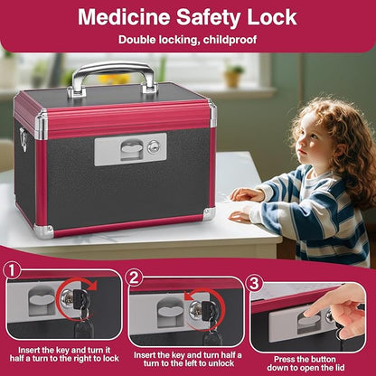Medicine Lock Box for Safe Medication - 15 x 8.7 x 9.4 Inches - Lockable Storage Box for Drugs, First Aid Kit Empty, Lock Boxes with Key for Home/Outdoor (Black & Red/X-Large)